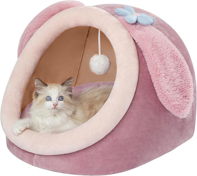 Jiupety Cute Cat Bed for Indoor, Cats Warm Soft Cave Fit for 6-10 lb Cat, Pink Rabbit, M