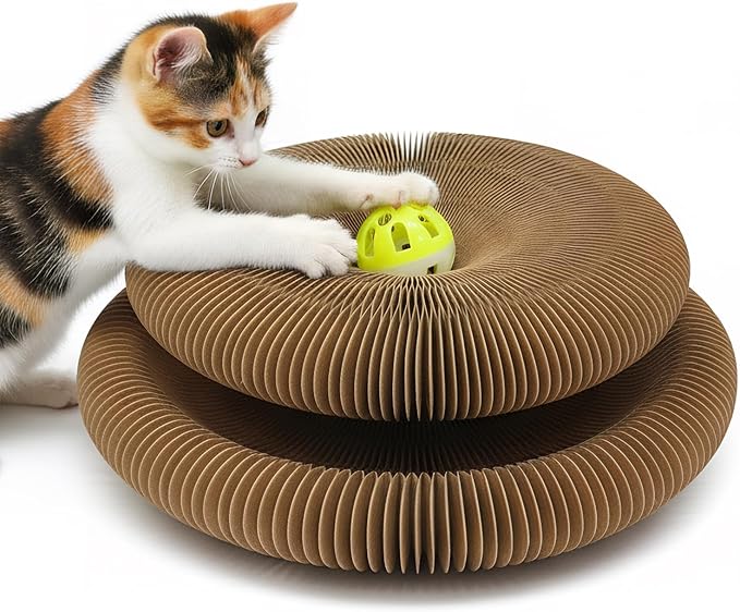 U-Shaped Accordion Cat Scratcher with Interactive Ball - Cute Cartoon Design, Scratch-Resistant, Pet-Safe for Feline Entertainment & Claw Care
