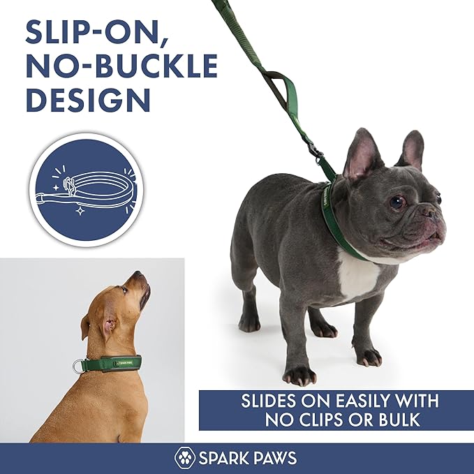 Spark Paws Martingale Dog Collar – Cushioned Slip-On Training Collar, Heavy Duty, Safety-Tested No-Buckle Collar for Medium & Large Dogs - Army Green - A
