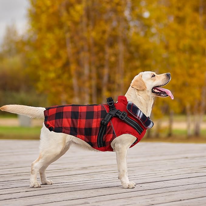 Dog Coat with Harness,Small Dog Winter Coat,Doggie Jackets with Built in Harness,Adjustable Warm Jacket for Medium Large Dogs,Pet Puppy Cold Weather Coats for Dogs Waterproof (PlaidRed, Medium)
