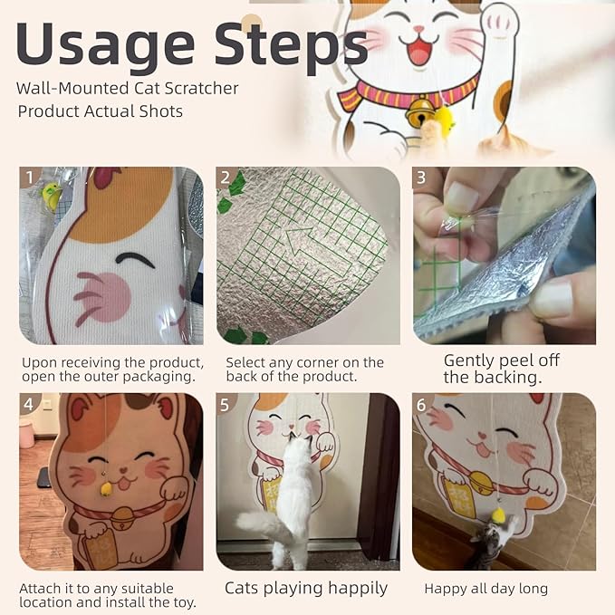 Wall-Mounted Cat Scratcher, 2025 Upgraded Indoor Cat Wall Scratcher — Self-Adhesive Double-Sided Tape, Trimable Scratching Surface, Suitable for Walls/Sofas/Floors (IncludesToy) (Lucky Cat)