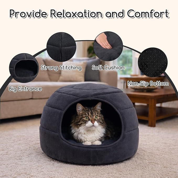 Hollypet Cat Bed Self-Warming 2 in 1 Foldable Kitty Cave House Nest Pet Sleeping Bed for Indoor Cats, Gray Igloo