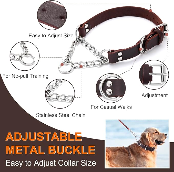 Leather Martingale Dog Collar, Genuine & Stainless Steel Chain Martingale Collar No-Pull Adjustable Anti-Slip Training & Walking Collar for Small Medium Large Breed Dogs Pets. (Medium: Neck 12"-19")