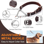 Leather Martingale Dog Collar, Genuine & Stainless Steel Chain Martingale Collar No-Pull Adjustable Anti-Slip Training & Walking Collar for Small Medium Large Breed Dogs Pets. (Large: Neck 15"-23")