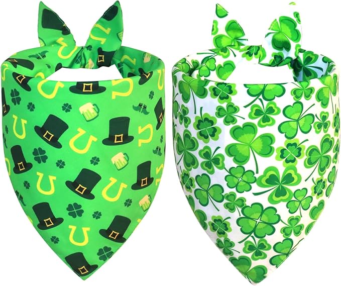 St. Patrick’s Day Bandanas 2-Pack for Small to Medium Dogs - Reversible Leprechaun Hats Shamrock Scarf, Green & White Pet Accessories for Irish Gift