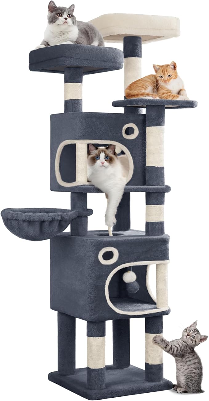62.6" Cat Tree for Indoor Cats, Cat Tower, Multi-Level Cats Condo with 8 Scratching Posts, 3 Platforms, 2 Caves, Basket, Plush Balls, Sisal Rope, Anti-Tip Kit, Dark Grey MS15918SG