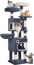 62.6" Cat Tree for Indoor Cats, Cat Tower, Multi-Level Cats Condo with 8 Scratching Posts, 3 Platforms, 2 Caves, Basket, Plush Balls, Sisal Rope, Anti-Tip Kit, Dark Grey MS15918SG