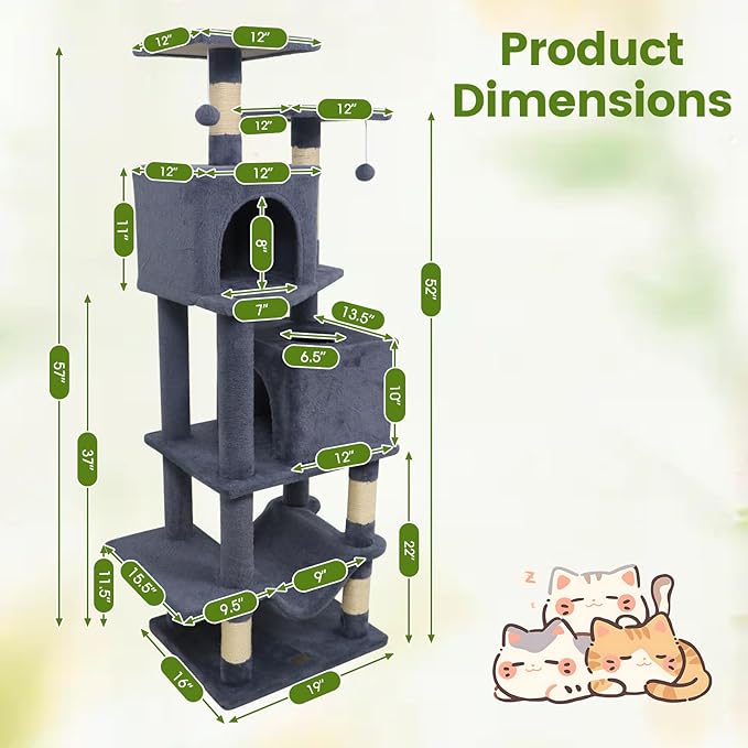 PETSITE 57-inch Modern Cat Tree, Multi-Level Cat Tower with 2 Comfy Condos, Sisal Scratching Posts, Plush Top Perch, Snug Hammock, and Dangling Balls, Ideal for Indoor Cats and Kittens (Dark Grey)