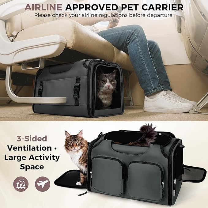 Dog, Cat Carrier for Pets Up to 12 Lbs, Airline Approved Collapsible Soft-Sided Pet Travel Bag with Locking Zippers, Breathable Mesh and 4 Large Pockets, Removable Fleece Pad (Dark Grey)