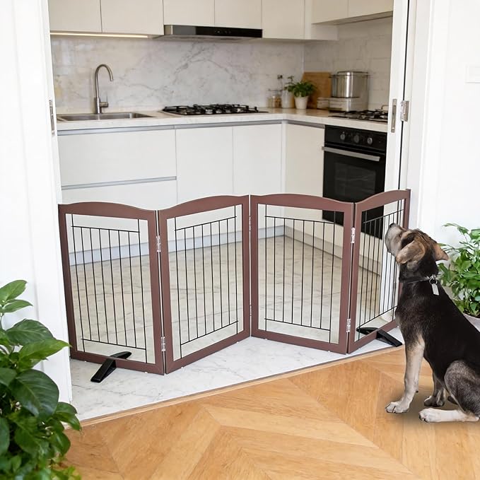 Dog Fence Indoor,Dog Gate Indoor for Doorway pet gate -4-Panel Freestanding, Hallways, House or Stairs -80x24-Inch Retractable Foldable Expandable Wood Pet by SFJC (Brown) ﻿