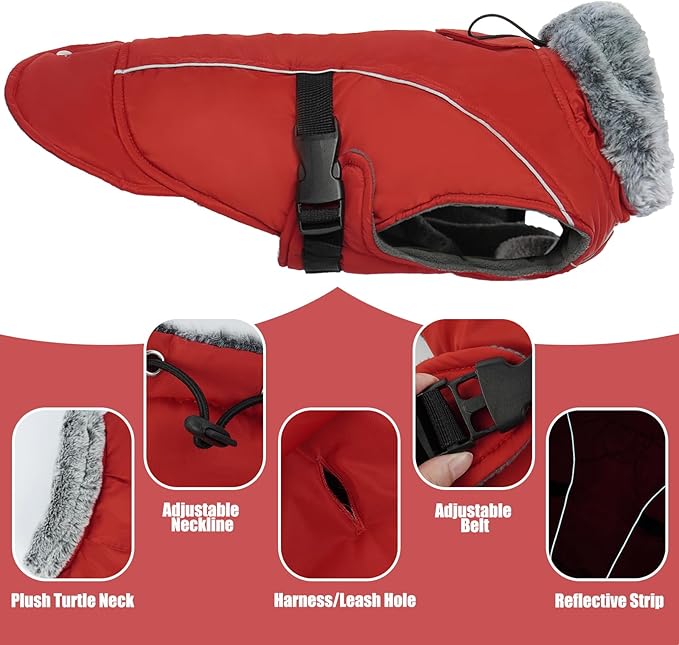 DENTRUN Winter Warm Dog Coat Reflective Jacket with Turtleneck for Cold Weather, Adjustable Buckle Windproof Water Repellent, Thick Snowsuit Fleece Vest for Small, Medium, Large Dogs, Red, XL