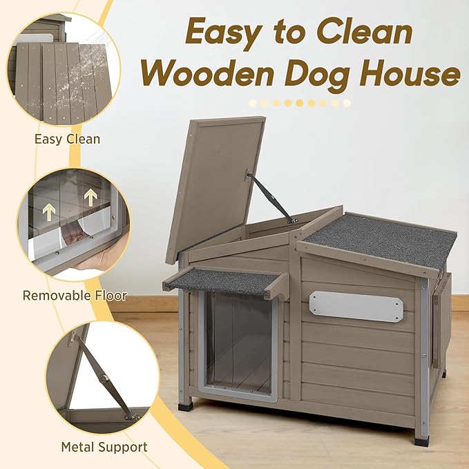 Outdoor Wooden Dog House for Small Dogs, Weatherproof Winter Dog Kennel with Openable Roof & Window, Chew-Resistant Frame, Cozy Indoor Shelter (Grey, 34" D x 22" W x 26.5" H)
