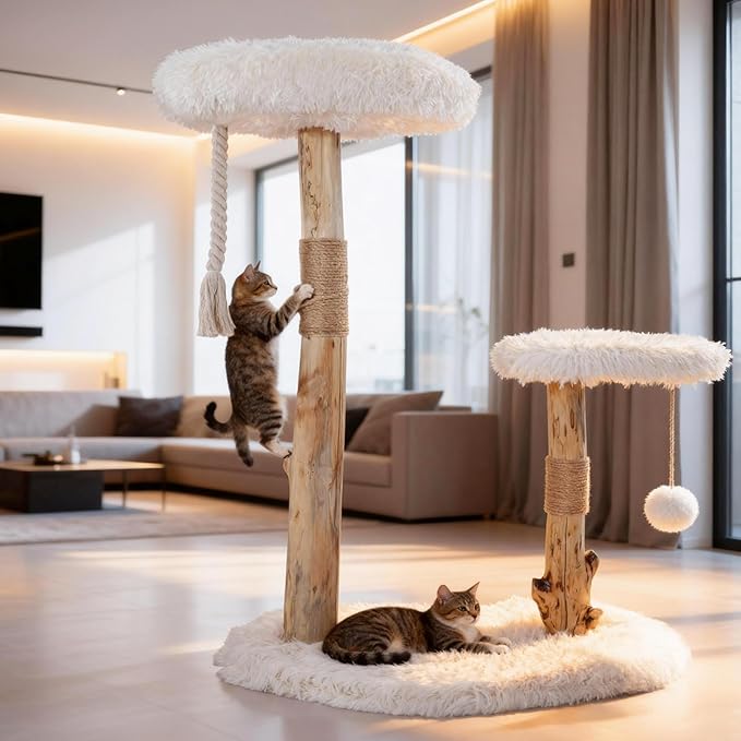 Modern Cat Tree Tower for Indoor Cats, Natural Solid Wooden Branch with Sisal Scratching Post, Log Style Cat Furniture with Perches Platform & Toy Ball for Multi-Cat Households