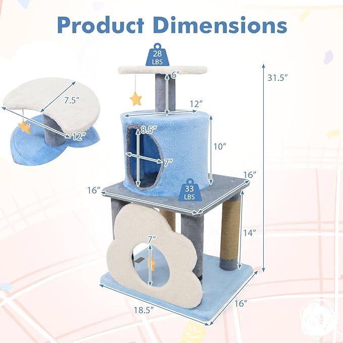 Tangkula Cute Cat Tree, 31.5 Inch Multi-Level Cat Tower with Jute Scratching Posts, Condo, Top Perch, Hanging Toy, Moon & Star & Cloud-Shaped Accents for Indoor Cats (Blue)