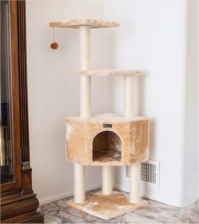 Armarkat 3 Levels Real Wood Cat Tower for Kittens Play 48 Height Beige A4801