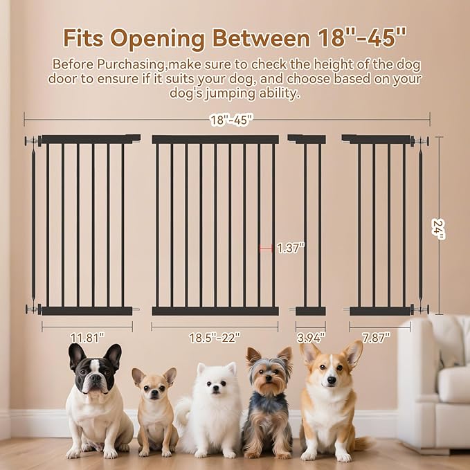 Short Dog Gate,18"-45" Adjustable Extra Wide Metal Short Dog Gate to Step Over, 24" Tall Small Pet Gate with 3 Extension Kits