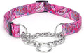 Martingale Dog Collar - Stainless Steel Chain, No Pull Training Collar with Flower Design for Large Medium Small Dogs (S, Pink)