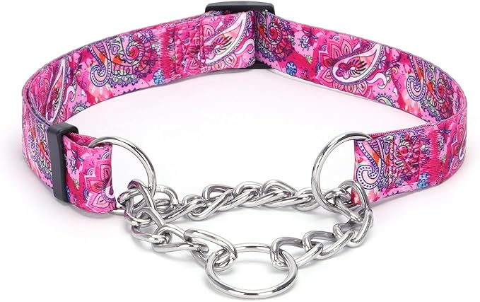 Martingale Dog Collar - Stainless Steel Chain, No Pull Training Collar with Flower Design for Large Medium Small Dogs (S, Pink)