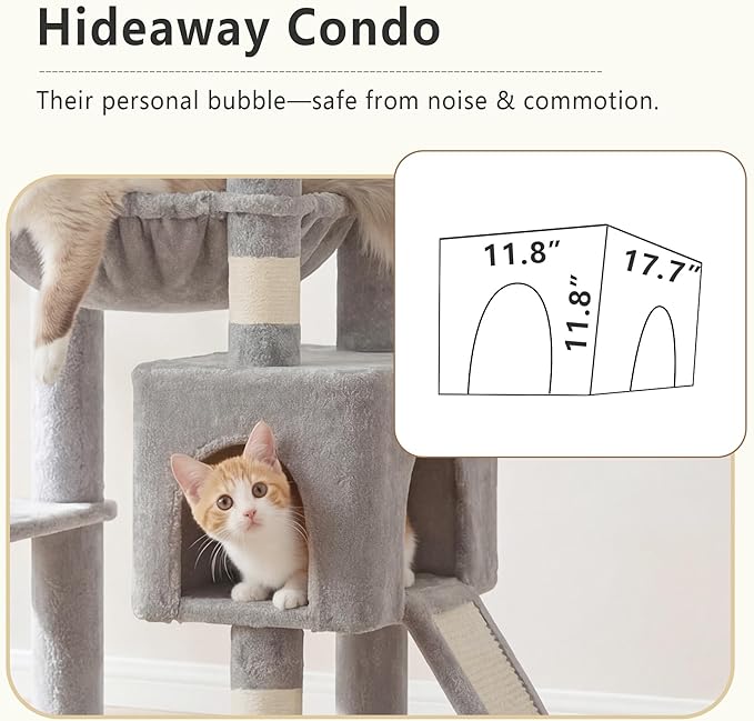 Heybly Heavy Duty Cat Tree, 64.2-Inch Tall Tower for Large Indoor Cats with Widened Structure, Cat Furniture with Big Platforms, Extra-Large Hammock, Sisal Scratching Posts & Board, Light Gray HCT027W