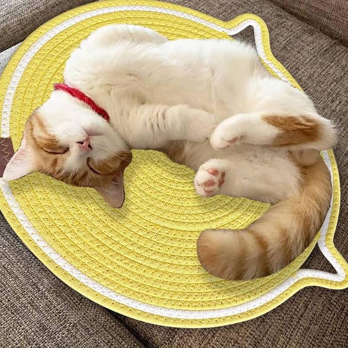 Personalized Cat Scratcher Mat, Customized with Name Text Natural Cotton Rope Round Horizontal Cat Scratching Pads with Ball Toy, Cat Furniture Protector for Wall, Couch, Carpets, Sofa (Yellow)