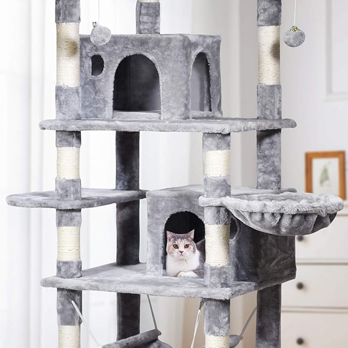 MQ Multi-Level Cat Tree, Activity Centre Cat Tower Furniture with Sisal-Covered Scratching Posts, 3 Padded Plush Perches, Dual Condo & Basket, Removable Hammock, for Large Cats, Grey