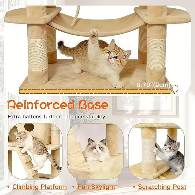 Pawly 70" Extra Tall Cat Tree with Dual Hammocks & Enlarged Condos, Premium CARB P2-Compliant Particle Board, 350G Plush Natural Sisal Cat Tower for Big Cats & Multi-Cat Families, Beige