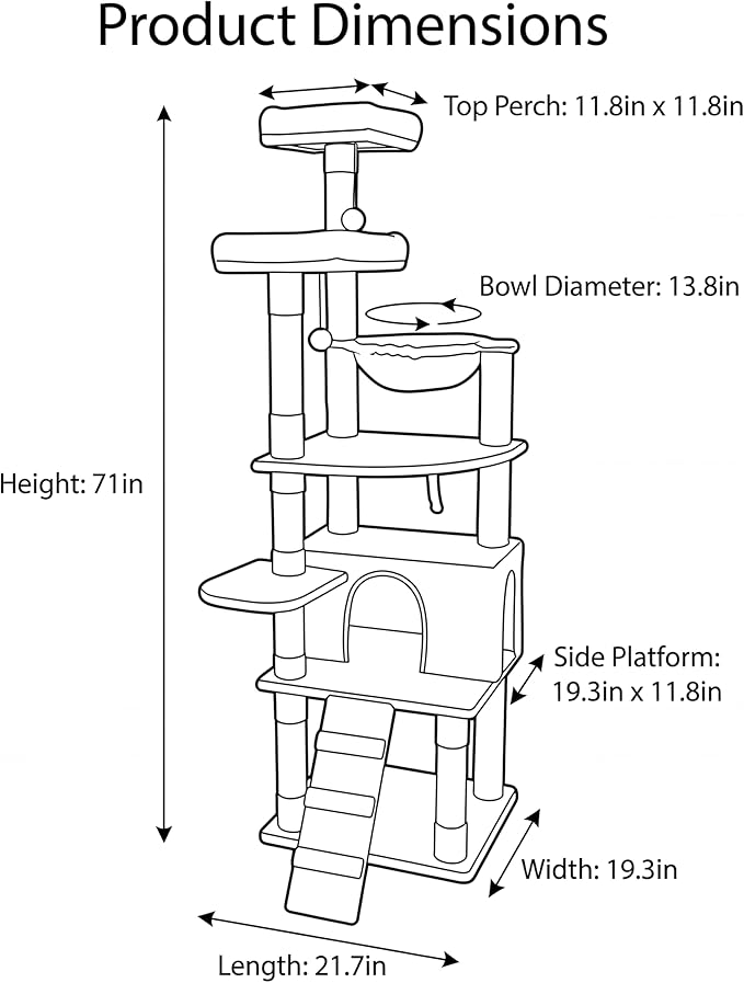 71in Tall Multi-Level Cat Tree with Hammocks, 2 Top Platform, Cat Cave, Scratching Posts - Plush Cat Tower for Indoor Cats, Perfect for Multiple Cats