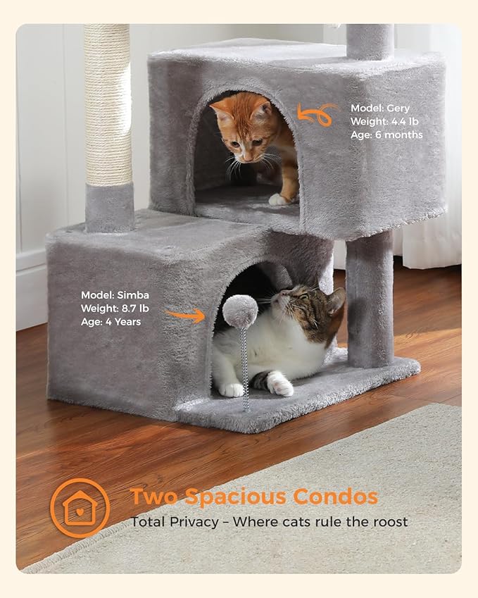 45-Inch Small Cat Tree with 2 Condos for Indoor Cats,Cat Tower with Scratching Posts for Small Cats,Grey Cat Tree Tower with Hammock and Cat Toys