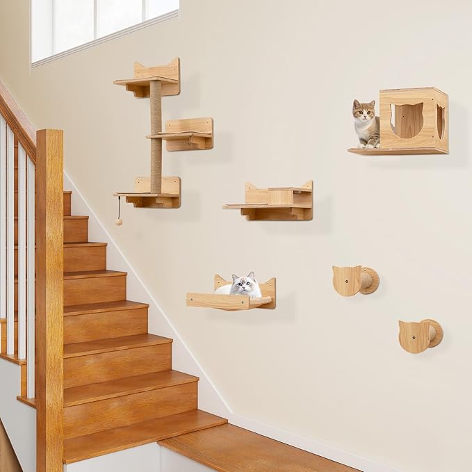 Tangkula Cat Wall Shelves, 6 Pieces Wooden Wall Mounted Kitten Furniture Set with Hammock, Food Water Bowl, 3-Step Cat Tree, Platforms, Scratching Posts & Hanging Toy, Cat Climber Steps (Natural)