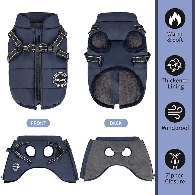 Dog Winter Coat, Warm Dog Jacket Reflective Adjustable Fleece Vest with Harness Built in,Windproof Pet Snow Jacket Snowsuit with Zipper for Small Medium Dogs, Navy Blue XS