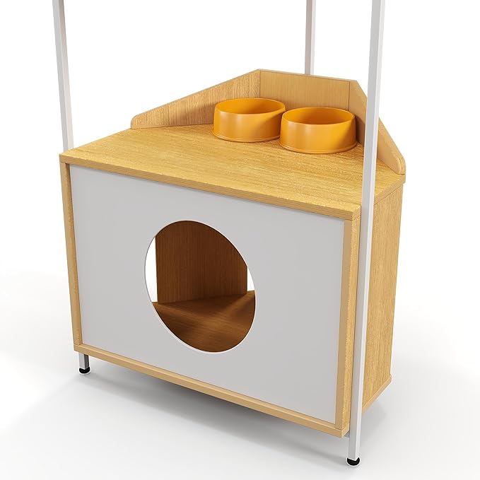 Modern Cat Tree Furniture for Indoor Cats Multi-Level Cat Tower with Scratching Post, Cat Condo, Feeding Station & Corner-Saving Design Stylish Wood & Metal Pet Furniture for Home Decor