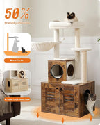 Cat Tree with Litter Box Enclosure, 50" Modern Cat Tree for Large/Fat Cats with Cat Condo, Wooden Cat Furniture with Large Hammock and Top Perch, Rustic Brown