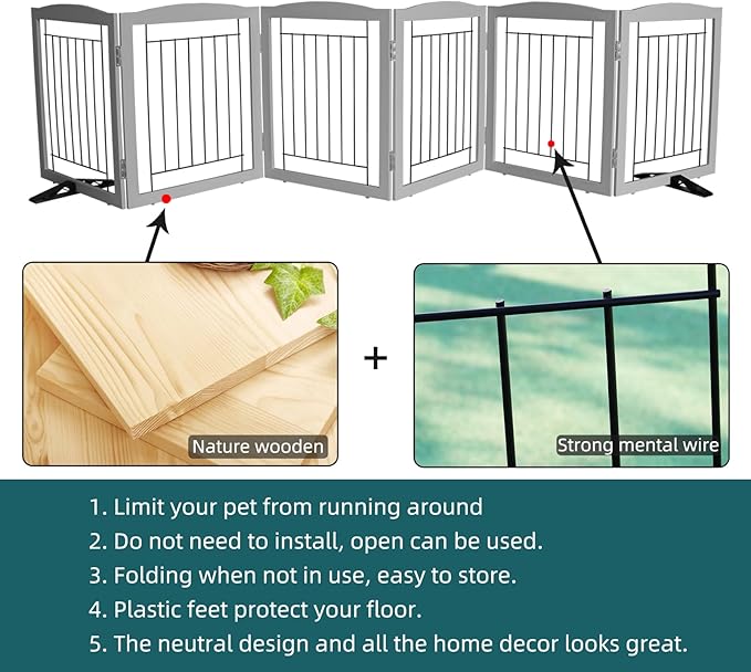 Dog Fence Indoor,Dog Gate Indoor for Doorway pet gate -6-Panel Freestanding, Hallways, House or Stairs -120x24-Inch Retractable Foldable Expandable Wood Pet by SFJC (Grey) ﻿