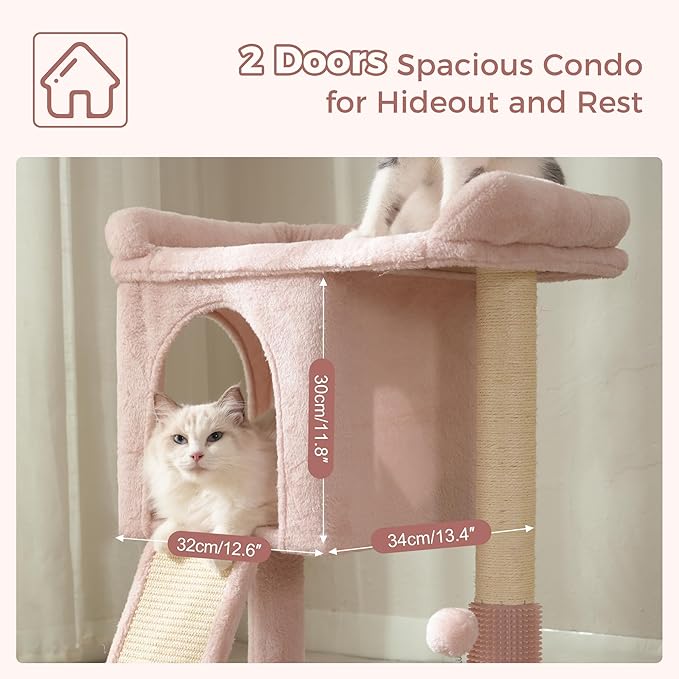 Pink Cat Tree Tower for Large Cats with Large Top Bed 20x13.8”Private Cat Condo,Sisal Scratching Post and Ramp and Self Groomer and Spring Ball-Pink