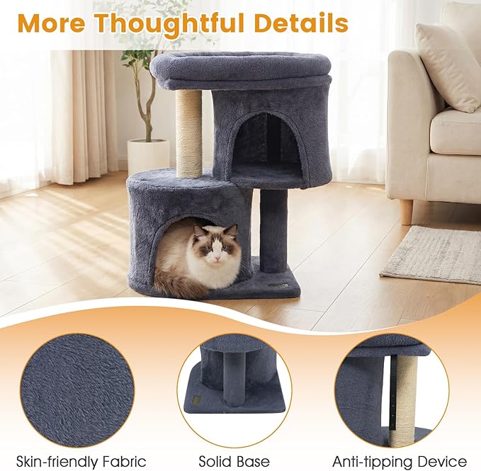 PETSITE 26-inch Small Cat Tree, with Sisal Scratching Post, Double Comfy Condos, and Spacious Top Perch, Ideal for Indoor Cats and Kittens (Dark Grey)
