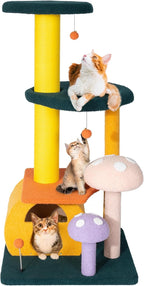 NUNU LAB Mushroom Cat Tree, Multi-Level Cat Tower, Mushroom Cat Scratching Post, Cute Cat Tower, with Cat Scratching Post, Cat Bed & Interactive Balls, for Indoor Cats (D-068, 26.8 * 22.8 * 53.4)