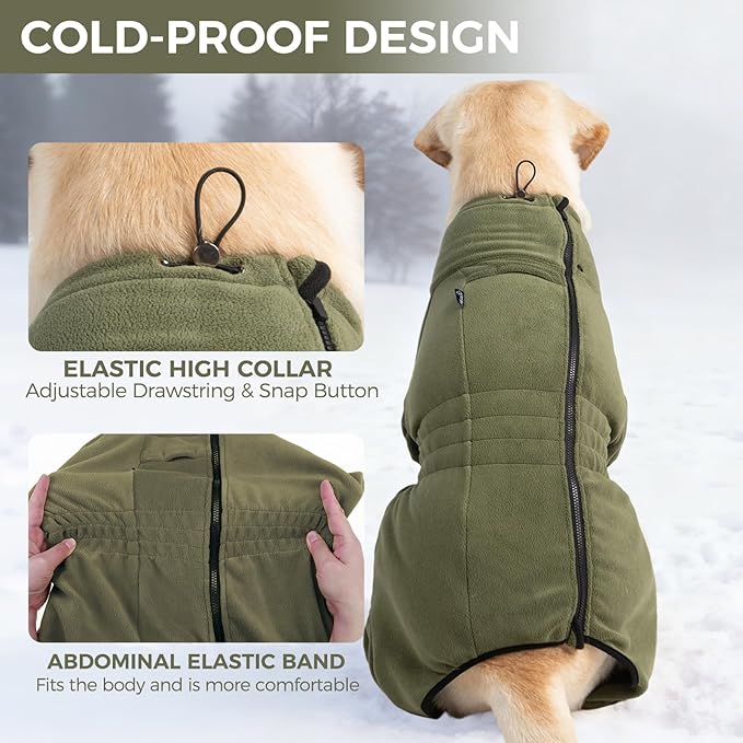 Mihachi Dog Snow Jacket Dog Coat Soft Fleece Pullover Pajamas, Pet Windproof Warm Cold Weather Jacket with Zipper, Reflective Jumpsuit Apparel Outfit Clothes for Large Dog, Army Green L