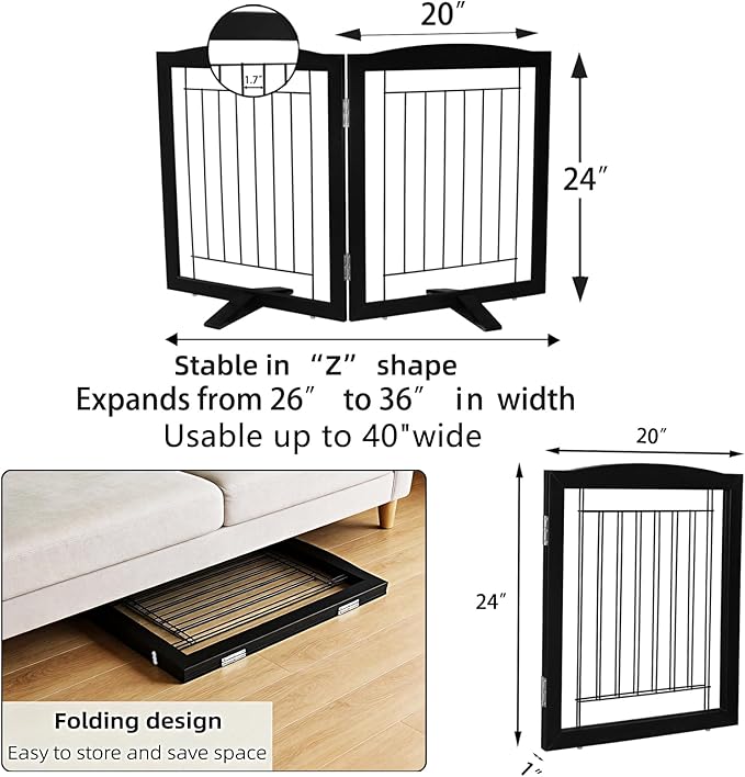 Dog Fence Indoor,Dog Gate Indoor for Doorway pet gate -2-Panel Freestanding, Hallways, House or Stairs -40x24-Inch Retractable Foldable Expandable Wood Pet by SFJC (Black) ﻿