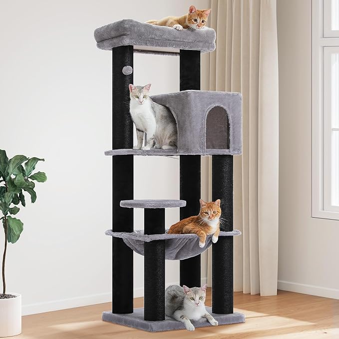 PEQULTI 57.9'' Cat Tree, Multi-Level Tower with Large Top Perch, Thick Scratching Posts and Hammock for Large Indoor Cats up to 20 lbs, Black