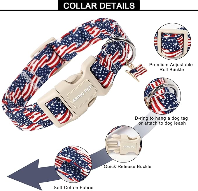 ARING PET 4th of July Collars for Dogs, Fourth of July Patriotic American USA Flag Red White Blue Dog Collar for Puppy Small Medium Large Boy Girl Doggy-XS