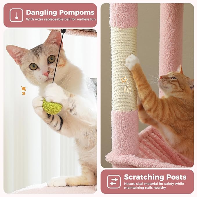 Flower Cat Tree for Large Cats, 59" Tall Cat Tower with Soft Flower Perch, Multi-Level Tower with Spacious Condo, Large Hammock and Scratching Posts, Sturdy Play House for Indoor Cats, Pink