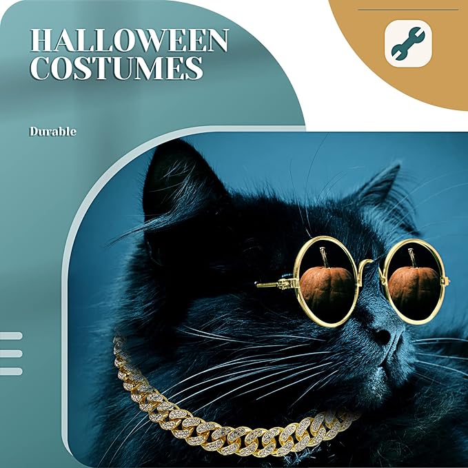 Xuniea 2 Pieces Cat Dog Chain Collar and Sunglasses Set Rhinestone Necklace with Secure Buckle Round Glasses for Doll Cat Dog Pet Accessories(16 Inch,Gold, Black)