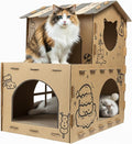 Two-Story‌ Cardboard Cat House with Scratching Pad, Hideout Kitten Bed Scratcher for Indoor Cats, Durable Cat Play House with Multiple Entrances and Windows, Corrugated Cardboard Construction