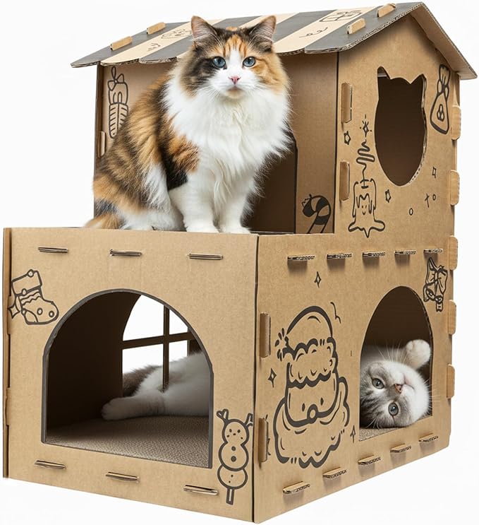 Two-Story‌ Cardboard Cat House with Scratching Pad, Hideout Kitten Bed Scratcher for Indoor Cats, Durable Cat Play House with Multiple Entrances and Windows, Corrugated Cardboard Construction