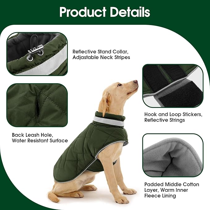 KAMA BRIDAL Dog Winter Coat Warm Padded Puppy Jacket Windproof Water Resistant Clothes for Small Medium Large Pets Christmas Sweater Outfit Vest(Green, 3XL)