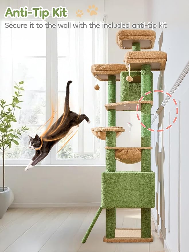 Taoqimiao 76-Inch Cat Tree XXL for Large Cats, Giant Cat Tower with Scratching Board, Extra-Large Metal Hammock, 3 Perches, 7 Sisal Posts, 2 Big Condos, Hanging Basket, Cactus, MS047T