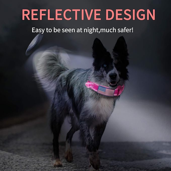 Dog Collar Tactical Highly Reflective Military Pet Collar Nylon with a American Flag Patch and a American Flag Pendant K9 Collar with Metal Buckle and Control Handle for L Pink