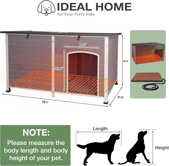 59.1’’ Extra Large Heated Dog House Outdoor for Winter, Insulated Dog Kennel with Metal Frame, Weatherproof Dog Shelter with Heating Pad and All-Around Insulated Liner for Large Breed Outside (Grey)