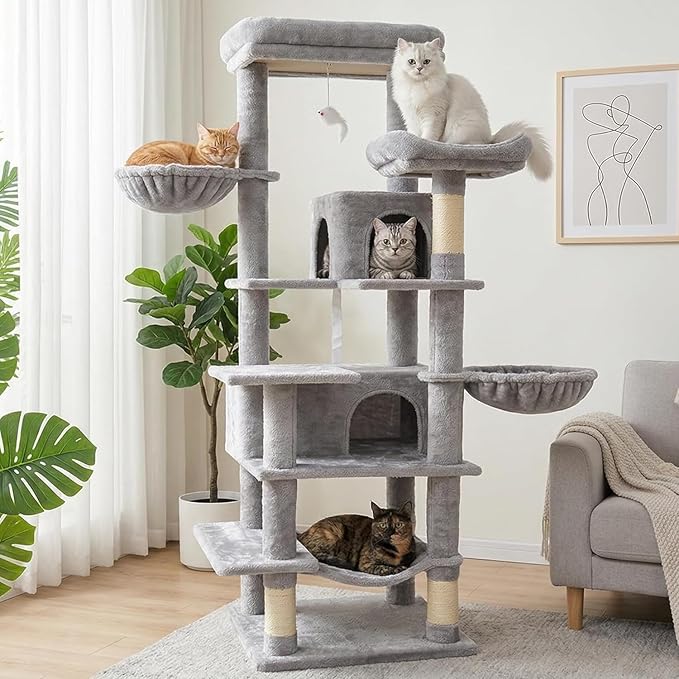 68 Inches Multi-Level Large and Tall Cat Tree Tower for Indoor Cats/Removable Pad/Cat Condo/Sisal Scratching Posts/Hammock/Cat Activity Center/Wide Base