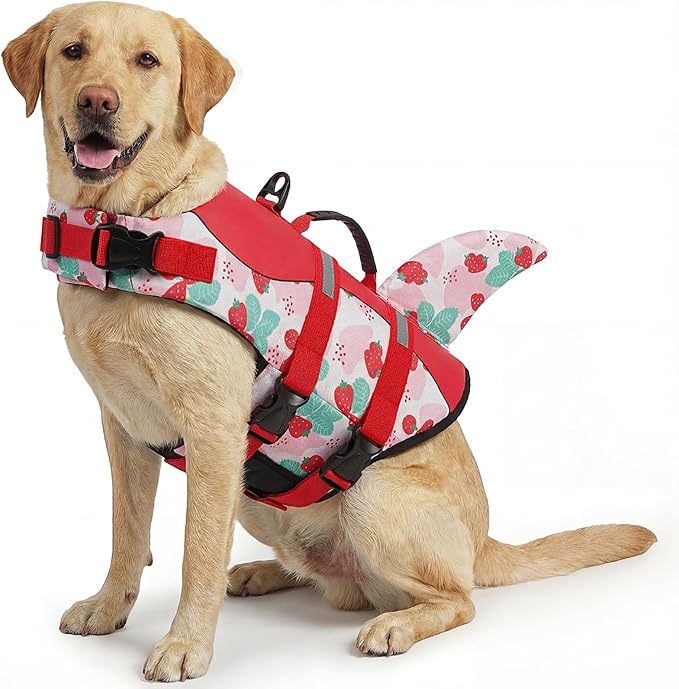 ASENKU Dog Life Jacket - Pet Safety Vest for Swimming & Boating, Shark Life Jacket with Floatation, Dog Lifesavers Swimsuits for Small Medium Large Dogs (Strawberry, L)